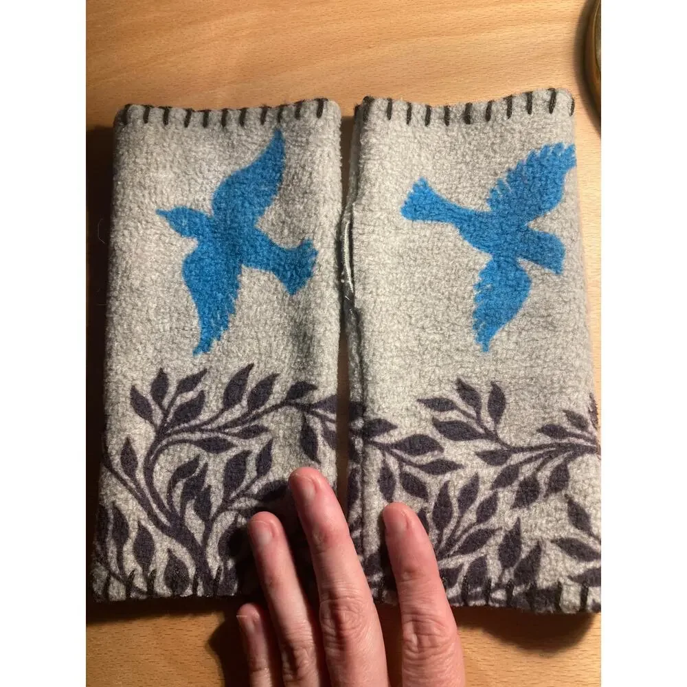 Handmade Fleece Hand Warmers Gray & Turquoise Birds ~ One Size ~ So Hygge!